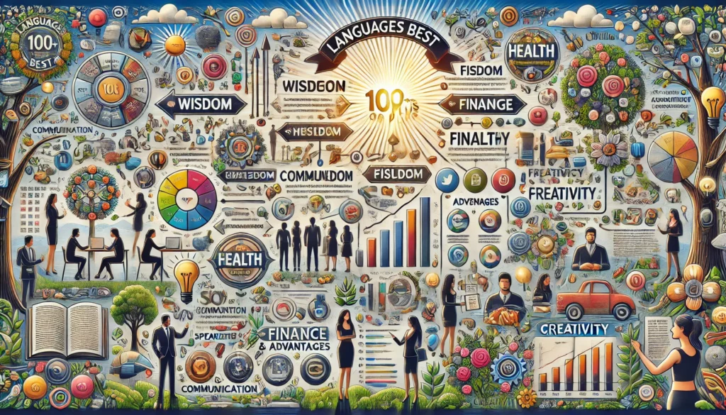 A detailed infographic-style masterpiece highlighting 'Languages Best 100 Plus Features, Benefits, and Advantages' with clearly labeled sections. The design features diverse groups of people engaged in activities like speaking, reading, and writing. Each benefit and usage, such as communication, wisdom, health, finance, and creativity, is prominently displayed in glowing, color-coded icons and text boxes, seamlessly integrated into the scene. The background includes natural elements like sunlight, greenery, and flowers, creating a serene and inviting atmosphere. Arrows and dynamic lines visually connect the labeled benefits, ensuring clarity and accessibility, while the composition remains vibrant, inspiring, and engaging.